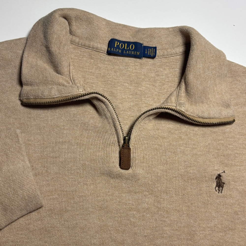 Polo Ralph Lauren Quarter Zip Pullover Sweater Mens L Tan Cotton Preppy Pony